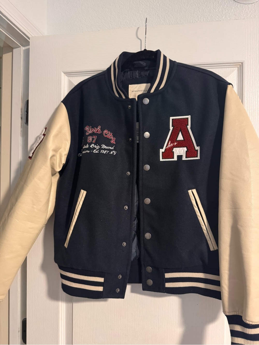 Aeropostale Navy and Cream Varsity Jacket with Red 'A' Patch